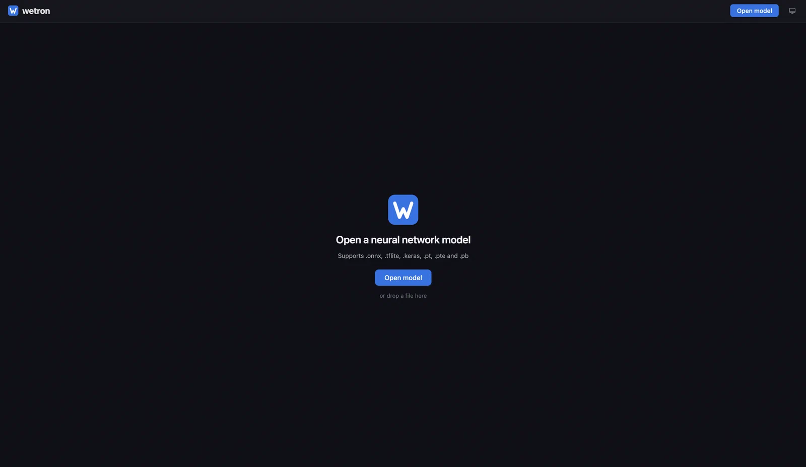 Wetron demo app — empty state with drop zone