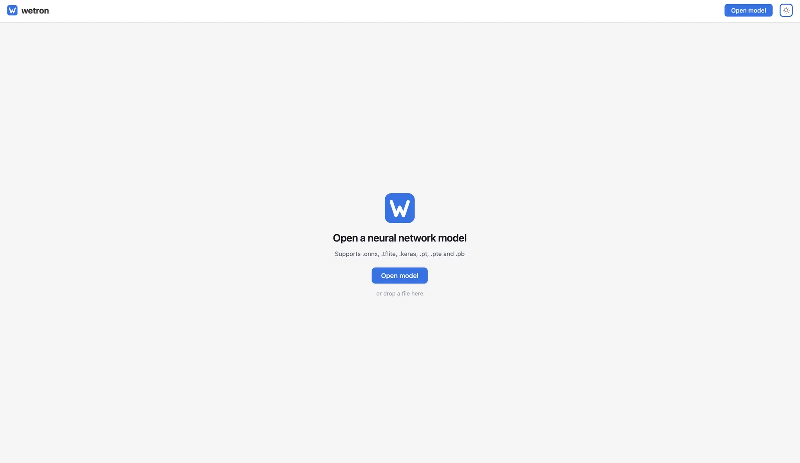 Wetron demo app — empty state with drop zone